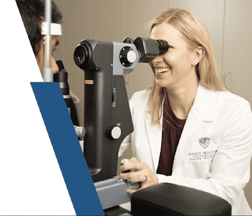 Optometry clinician examining patients eyes