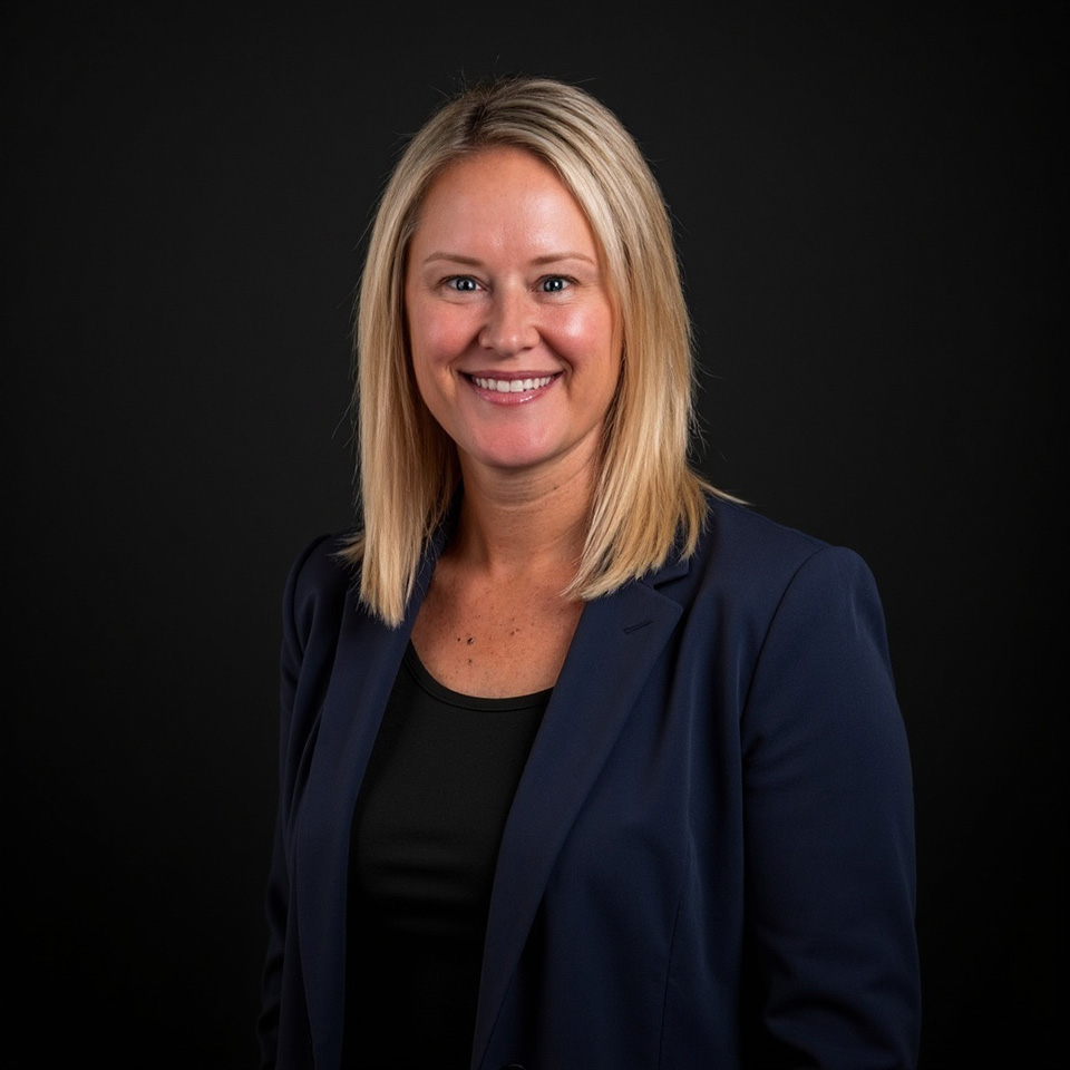 Woman in professional attire, dark background.