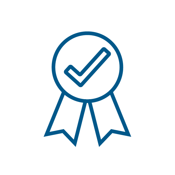 Blue ribbon with checkmark symbol